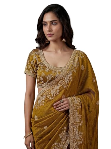 Image of SIRIL Women's Tissue Silk Scalloped Border Embroidery Saree with Unstitched Blouse Piece