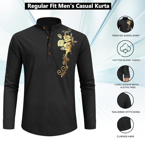 Image of Zombom Men's Cotton Polyester Blend Mandarin Collar Self One Design Printed Full Sleeve Casual Short Kurta