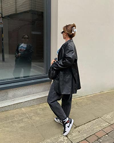 Bhmawsrt Womens Leather Blazer Coat, Long Sleeve Lapel Faux Pu Leather Jacket Button Front Trench Coat (Black Blazer, Medium) #TOP4