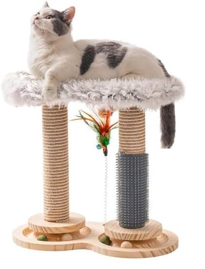Wooden Cat Scratcher Post – Interactive Cat Towers with Sisal, Toys, Perches & Tracks – Multiple Designs for Indoor Cats & Kittens (3, Fleece Perch Towe)