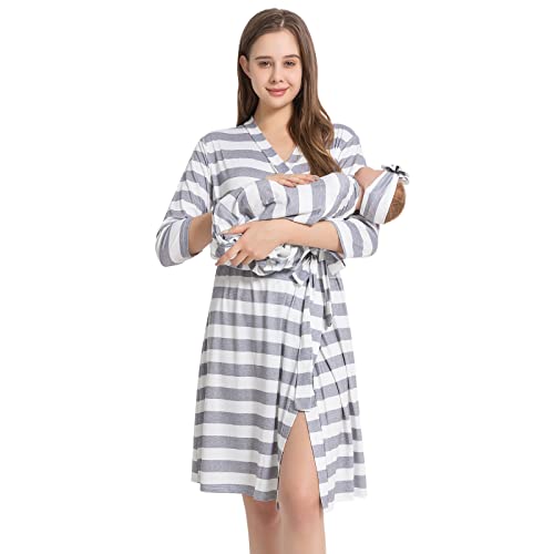 Image of Galabloomer Maternity Robe and Baby Receiving Blanket, Matching Mommy Labor Delivery Robe and Swaddle Set Gray Stripe