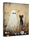 QPVXSST Halloween Funny Cat Ghost Wall Art Decoration Scary Ghostly Floral Canvas Frame Cat Ghost Poster Wall Decoration Home Living Room Bedroom Halloween Decoration 8x10 inches