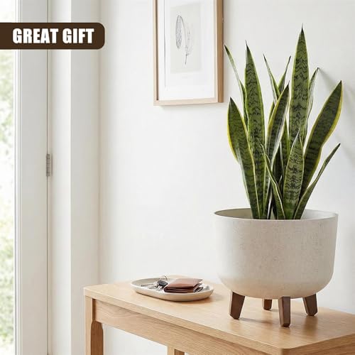 GEEZY Round Plant Pot with Legs, 24cm - Cream Stone Effect Outdoor & Indoor Planter - Modern Flower Pot Stand with Drainage & Self Watering Reservoir for House Plants, Succulents & Living Room - Image 7