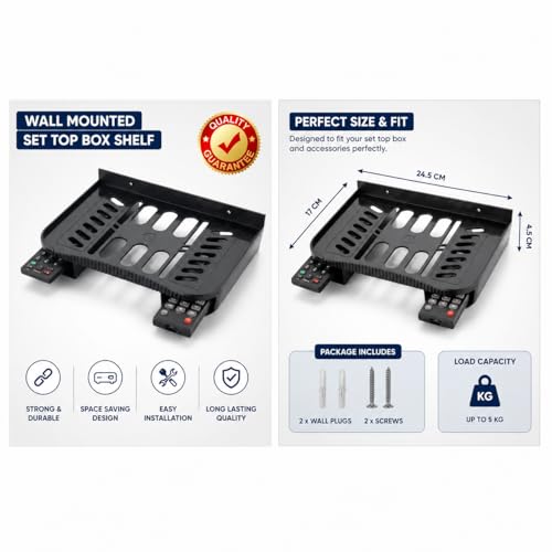 Image of Set Top Box Stand Wall Mount Shelf for WiFi Router, DTH Setup Box Holder, Remote Organizer Rack, Plastic Wall Shelf for TV Accessories, Router, CCTV DVR & Gaming Accessories (Black)