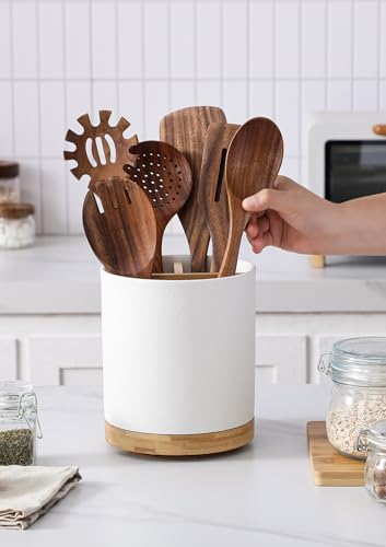 Image of LoeJan 3 Compartment Utensil Holder, Extra Large Utensil Crock, Stable Ceramic Utensil Organizer, Cooking Tool Organizer Set for Kitchen Counter Farmhouse Decor, Textured White