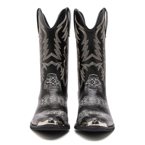 Image of Men's cowboy boots round toe boots embroidered with traditional Western country artificial snakeskin pattern
