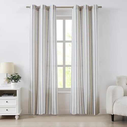 Bapawfish Dusty Blue Stripe Curtain Panels 84 Inches Long,Woven Vertical Stripes on 12% Linen Blended Beige Light Filtering Drapes,Rustic Bedroom Window Treatment,Grommet,Dusty Blue/Beige,40"Wx84"Lx2
