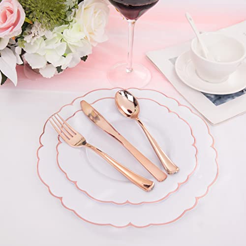 Ciaell 175Pcs Rose Gold Plastic Plates - Baroque Rose Gold Disposable Plates Including 50 Rose Gold Party Plates, 25 Pack Rose Gold Pre Rolled Napkins And 25 Cups For Wedding & Party #TOP7