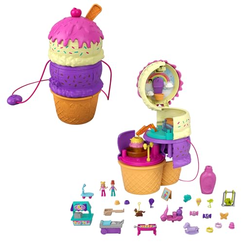 Polly Pocket HFR00 - Ausklappspa&szlig;-Schatulle Eiswaffel, Spielset in Form einer Eiswaffel, Spielplatz-Thema, drei Etagen, Spielzeug ab 4 Jahren