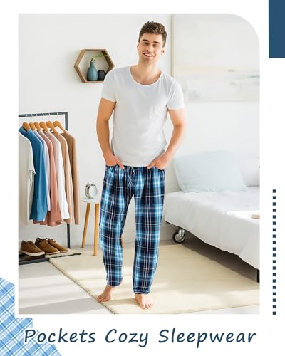 6 Pack Men's Pajama Pants Ultra Lightweight Plaid Bottoms Sleep Pant Cotton Sleepwear with Pocket Drawstring4