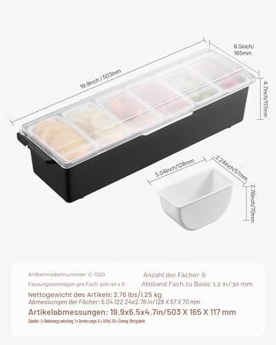 VEVOR gekühlter Gewürzbehälter Zutatenbehälter mit 6 Fächern (500 ml x 6) Präsentationsständer mit Deckel Pizzastation Pizza Belagstation Obstschachtel Servieren von Tacos Salat Obst