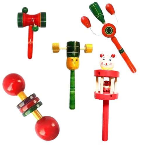 Smartcraft Toys Wooden Rattles Toys for Baby/New-Born Infant Kids – Set of 5 pcs – Multicolor – Discover Sounds, Develops Sensory Skills