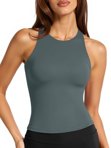 Image of LASLULU Womens High Neck Workout Tank Tops with Built in Bra Strappy Back | Low to Medium Impact,Longline Halter Neck Sports Bra,Fitted Compression,Padded Athletic Yoga Running Gym Pilates Tank Tops