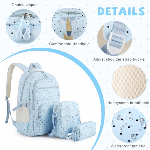 Image of PALAY School Bag for Girls Blue Polka Dot Backpack with Crossbody Bag & Pencil Pouch Large Oxford Cloth Bookbag Water-resistant Multi-compartments Daypack for Primary, Elementary, Middle School