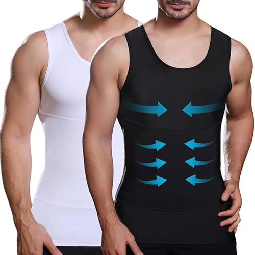 Image of Men's Compression Shirt 2-Pack Slimming Body Shaper Black Undershirt Vest Sleeveless Tummy Control Tank Top for Weight Loss Gym Workout Fitness and Everyday Wear