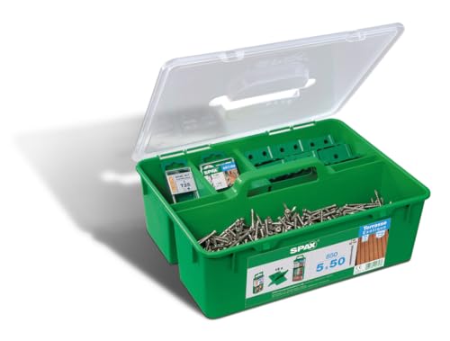 Kit terrasse SPAX GREEN BOX, Kit professionnel pour terrasse mit SPAX Tête cylindrique 5 x 50 mm, 850 pièces, Acier inoxydable A2-5000009010009