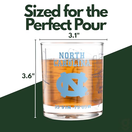 Image of Greenline Goods University of North Carolina Tar Heels Whiskey Glasses Set of 2, 10 oz Rocks Glasses with Full-Color Logo & Campus Map - Officially Licensed Bourbon Glass Gift for Alumni & Fans