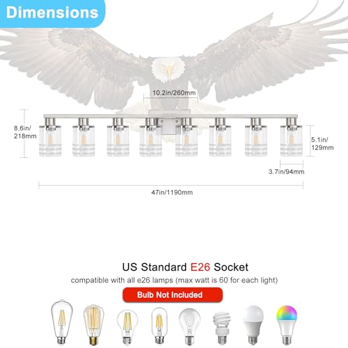 Image of YYT 8-Light Bathroom Vanity Light Fixtures, Over Mirror Brushed Nicekl Vanity Light Fixtures for Bathroom with Clear Glass Shade