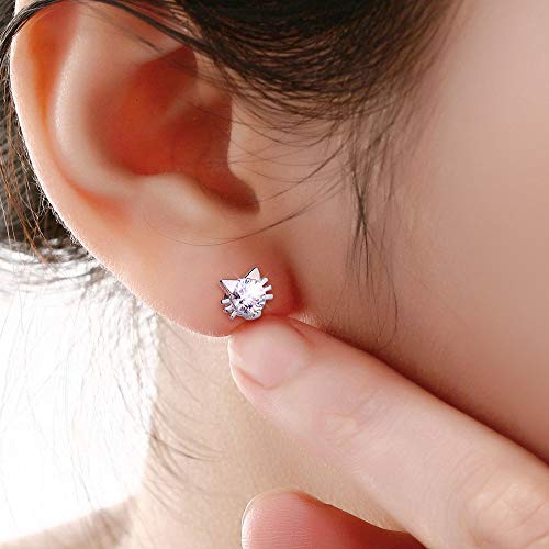 Worry-Free White Gold Plated Cute Small Cat with Ears CZ Stud Earrings3