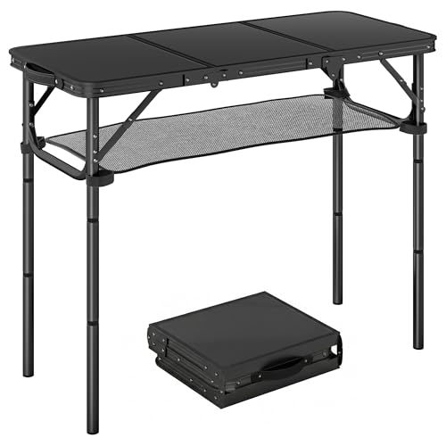 Image of Outsunny 3ft Folding Camping Table, Picnic Table with Mesh Storage Layer, Carrying Bag and Metal Frame, Portable for Garden, Park, BBQ, Black