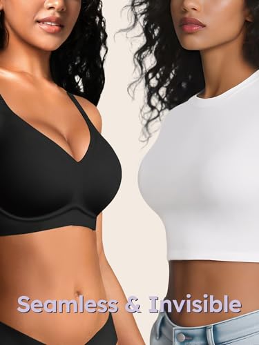 Image of Seamless Wireless Jelly Bras for Women - Lightly Padded Bra with Support, No Underwire Comfortable T-Shirt Bralette (L, Black-Pure White)
