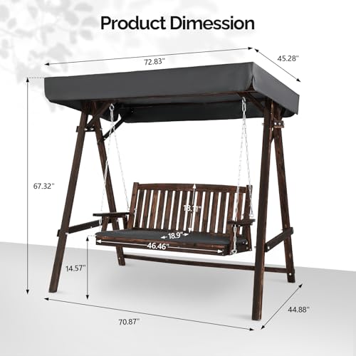 4FT Heavy Duty Wooden Porch Swing with Stand and Canopy, Rustic