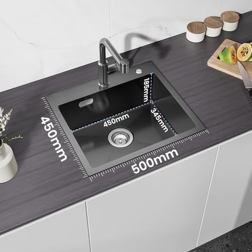 CECIPA 50x45 cm Spüle Edelstahl Schwarz mit Hahnloch, Spülbecken Edelstahl Grau Schwarz für Arbeitsplatten ab 50cm, Küchenspüle Anthrazit inkl Siphon & Über