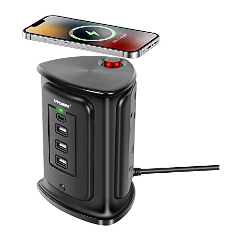 SAFEMORE Extension Lead Tower with 10W Wireless Charger 4 AC Outlets with 1 Type C PD 18W & 3 USB A (5V/3.1A) Charging Station 2M 1050J Power Strip Surge Protector for Home, Office, Dorm Accessories Cover