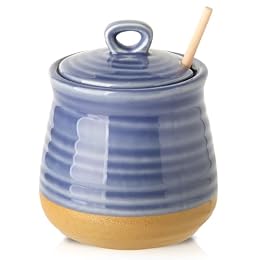 Hasense Honey Jar with Dipper, Ceramic Honey Dispenser Pot with Lid and Wooden Dipper, Vintage 12 oz Containers for Home Kitchen Coffee Bar Decor, Dishwasher Safe, Sky Blue