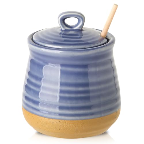 Hasense Honey Dipper Stick and Jar Set, Ceramic Honey Pot with Lid and Wooden Dipper, 12 oz Honey Jar for Home Decor, Vintage Honey Containers for Christmas Gift, Dishwasher Safe, Sky Blue