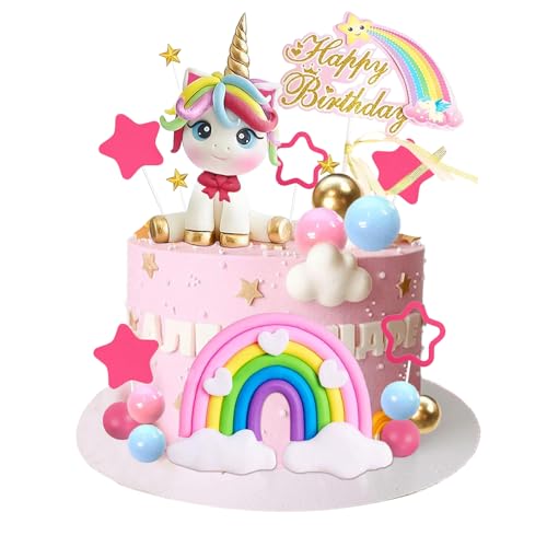 Unicornio Decoración para Tartas, Decoración de Tartas Cumpleaños, Decoración Tarta de Bolas y Arcoiris, Unicornio 3D,Decoración de Pastel, para Fiestas Cumpleaños Infantiles Niña, Baby Shower