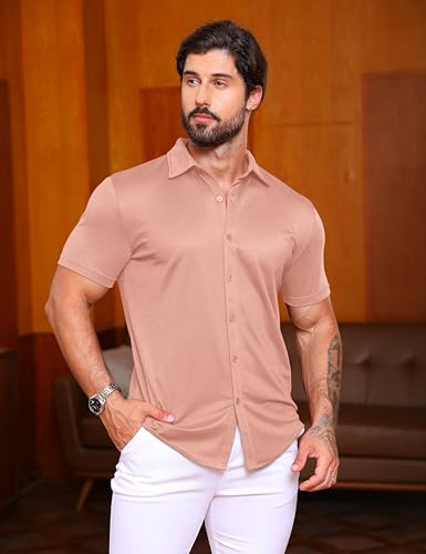 URRU Camisa social masculina slim fit stretch sem rugas manga curta casual abotoada, Couro rosa, P