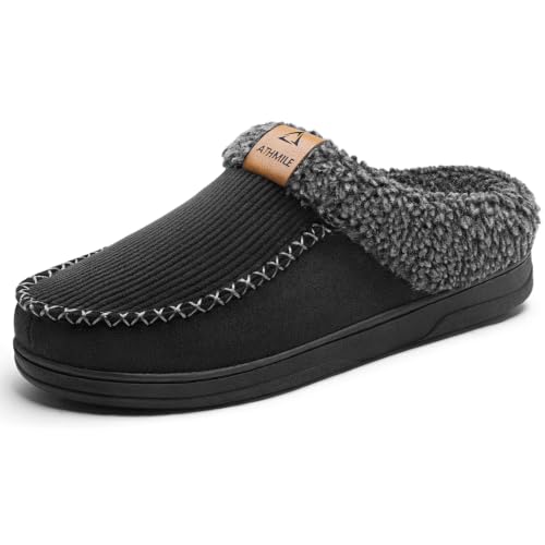 ATHMILE Slippers for Men Memory Foam Fuzzy Slippers Anti-Slip Rubber Sole | House Shoes for Indoor Outdoor Bedroom Office Cozy Winter Moccasin Slippers Gifts