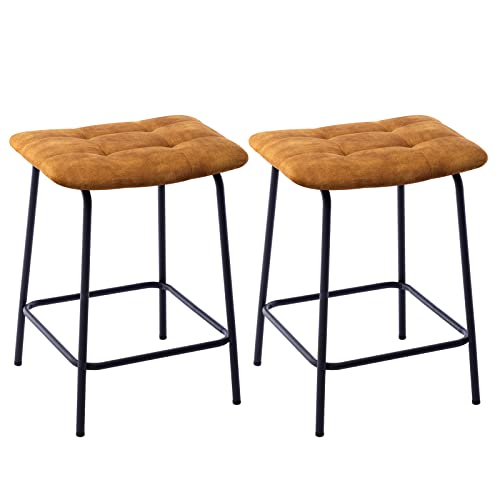 Duhome 24” Square Tufted Counter Bar Stools Set Of 2, Velvet Upholstered Barstool With Footrest, Backless Stool For Kitchen Counter Island Bar, Yellow #TOP2