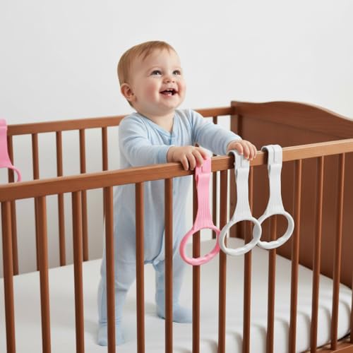 Image of Veemoon Baby Pull up Rings for Playpen, 4Pcs Newborn Crib Pull up Rings Infant Stand Practice Handles Baby Learn to Walking Tool - Ergonomic Handles - White Pink Toddler Walking Support Accessory