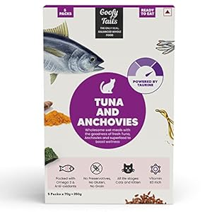 Goofy Tails Wet Cat Food and Kitten Food, Tuna and Anchovies 350g (70g X 5 Pouches), Preservative Free, Gluten & Grain Free, Balanced Cat Wet Food, Powered by Taurine with Omega 3 & Antioxidants