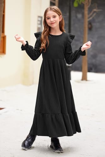 BesserBay Girl's Fall Long Sleeves Ruffle Crew Neck Casual Tiered Maxi Dresses with Pockets 6-14 Years4