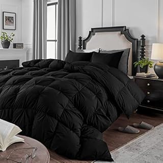 KAKABELL Pinch Pleat Goose Down Feathers Comforter Full/Queen Size All Season-Ultra Soft and Cozy Noiseless Duvet Insert with 100% Egyptian Cotton Cover,Fluffy Warm Comforter Insert(Black,90