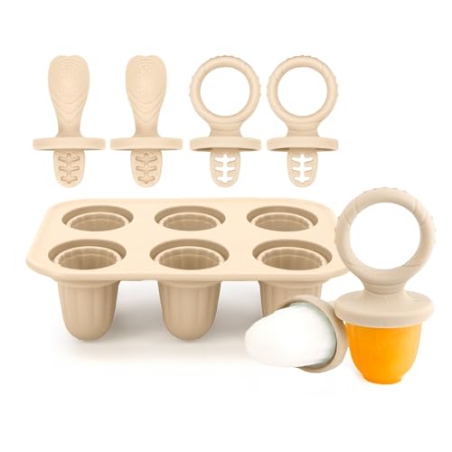 Silicone Ice Lolly Mould Mini Ice Lollies Moulds with Teething Sticks for Kids Little Hands 6X 17ml Baby Ice Lolly Moulds BPA Free Freezer & Dishwasher Safe for Kids Toddlers (Beige)