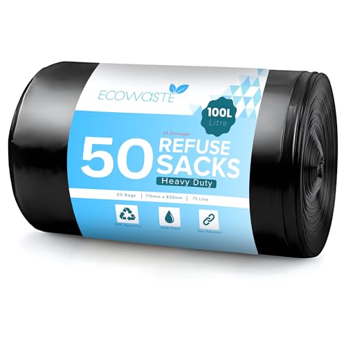 ECOWASTE™ 50 Everyday 100L Large Extra Heavy Duty Strong & Secure, Refuse Sacks, Bin Bags, Bin Liners, Flat Top, Recycled, Tear Resistant, 35 μm, Perfect for Everyday Use, Household, Kitchen
