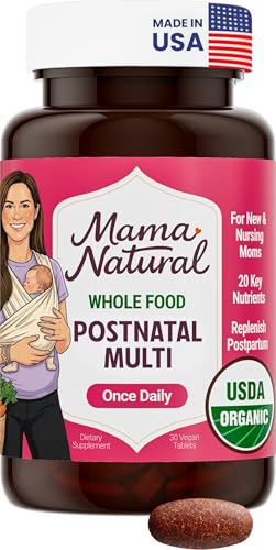 Mama Natural Organic Postnatal Vitamins for Women | One A Day Whole Food Postnatal Multivitamin for Breastfeeding & Postpartum Support | Non-GMO with Iron, Iodine & Moringa | 30 Servings