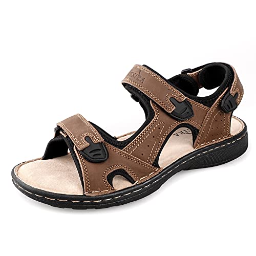 TIESTRA Sandalen Herren Leder Outdoor Sport Wandersandalen mit Fußbett, Sommer Trekkingsandalen Strand Ledersandalen Männer Klettverschluss Braun UK10/44EU