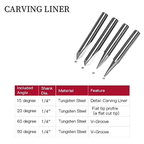 Silivn Engraving Cnc Wood Carving Router Bit 1/4 Shank 15°/20°/60°/90° Engraving Bits, 2 Flutes Straight Cnc V-Bit Tungsten Steel Marking Conical Engraving Router Tool #TOP4