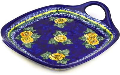 Polmedia Polish Pottery Tray with Handles - Cabbage Roses Pattern Handmade in Boleslawiec Poland + Certificate of Authenticity