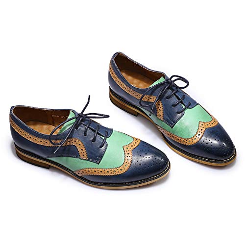 Mona Flying Women's Leather Perforated Brogue Wingtip Derby Saddle Oxfords Shoes For Women Ladis Girls #TOP4