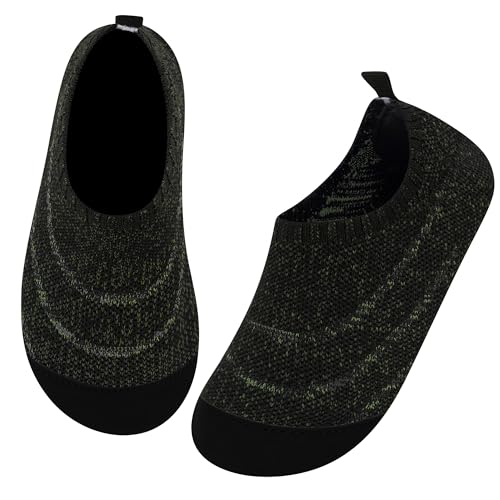 Kyopp Pantofole per bambini, scarpe da ginnastica per bambini, antiscivolo, leggere, traspiranti, morbide, estive/inverno, nero/verde, 24/25 EU