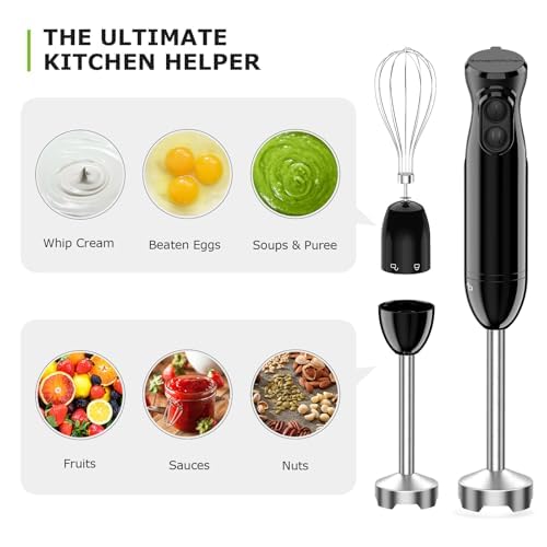 Bonsenkitchen Elektryczny blender ręczny 3 w 1, 1000 W, z miarką i trzepaczką, bezstopniowa regulacja prędkości do koktajli mlecznych, puree, sosów, HB3202 (czarny)