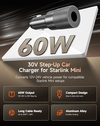 Image of Starlink Mini Car Power Adapter, 12V-24V to 30V DC Step Up Converter, 60W Stable Output, Supports 200FT DC Cable Run, Aluminum Alloy Car Charger for RV Camping Truck Boat