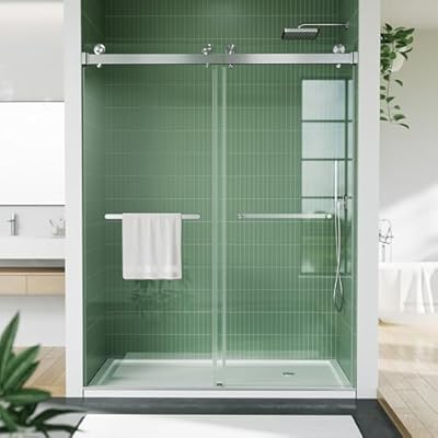 Frameless Glass Shower Door 44-48”W×74”H, Double Sliding Shower Door with Square Stainless Steel Rail, 6mm Tempered Glass, Brushed Finish