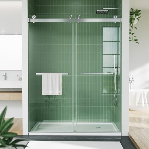 Image of Garvee Frameless Double Sliding Shower Door, Adjustable 56-60 inch W x 74 inch H, 6mm Tempered Glass with Square Stainless Steel Track, Brushed Nickel Finish for Bathroom Enclosure